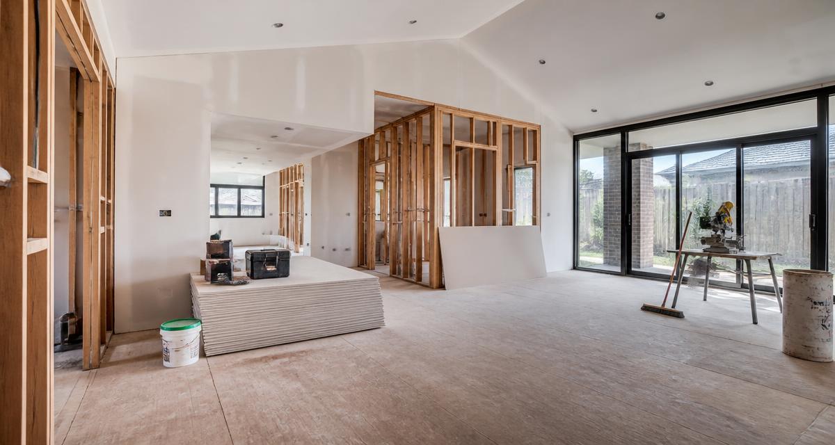 Melbourne home renovation in progress with new timber framing and plasterboard in an open-plan living area